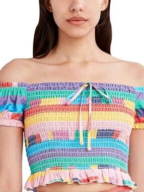 NWT BCBGeneration Playful Stripe Smocked Rainbow Crop Top - Small.retail $78 US